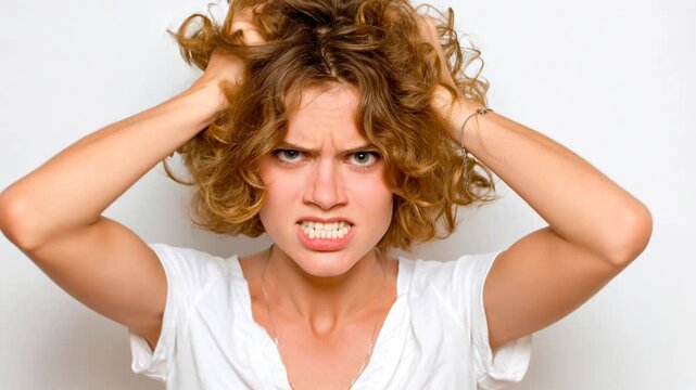 Person shows frustration while pulling hair in home setting Generative AI