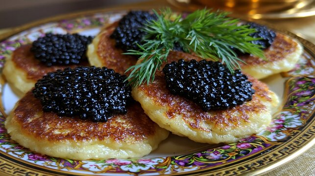 Rich little pancakes hold fine black fish eggs, topped with a fresh green herb.