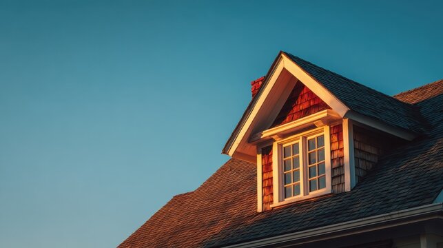 Warm golden hour roofline with a charming dormer window and textured shingles