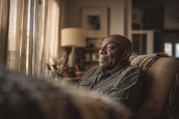 Fototapeta premium Warm living room portrait of a mature African American man seated in a cozy chair
