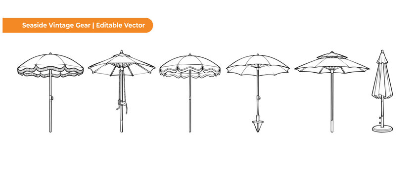 Beach umbrella vector icon set depicting vintage line art seaside parasol designs for summer vacation graphics, offering retro sun shelter illustrations isolated on white background graphic templates.