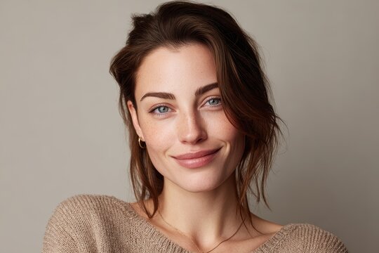 Warm-toned close-up of a relatable female model with a cheerful grin