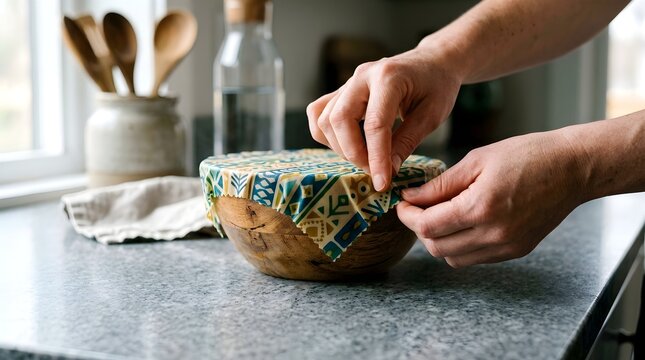 Hands Smoothing Beeswax Wrap Over Bowl Sustainable Kitchen Zero Waste Lifestyle Concept Eco