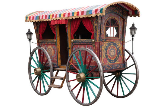 Ornate antique colorful circus wagon with red curtains and striped awning isolated on a transparent background