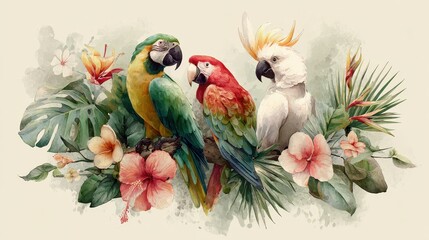 Obraz premium Watercolor illustration of tropical parrots: macaw, toucan, and cockatoo in vibrant jungle hues