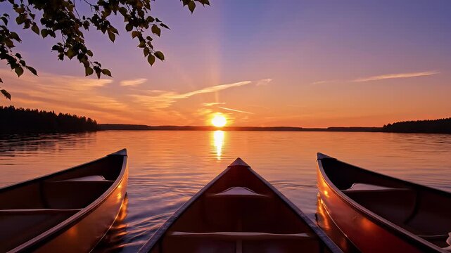 Three canoes float on calm water during a vibrant sunset with silhouetted trees
