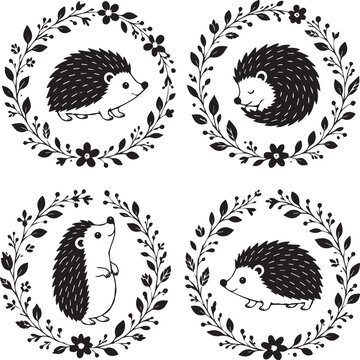 A Set of Four Cute Hedgehog Illustrations Framed by Decorative Floral Wreaths