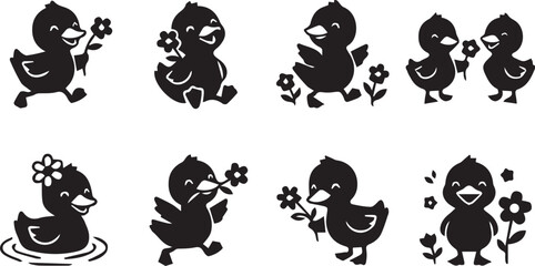 Obraz premium Cute Baby Duck Character Icon Set with Flowers Vector Design