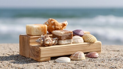 Obraz premium Wooden stand and shells on beach sand display products. Soft ocean view behind.