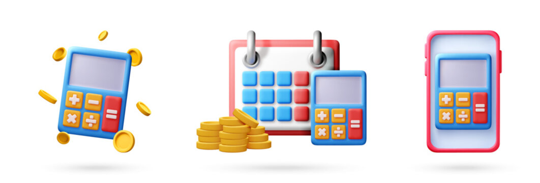3D illustration set of calculator with gold coin, calendar and digital smartphone. Financial planning and mobile banking concept. Accounting software tool for professional business task.