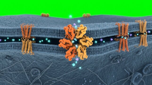A detailed illustration of a cell membrane with embedded proteins and molecules