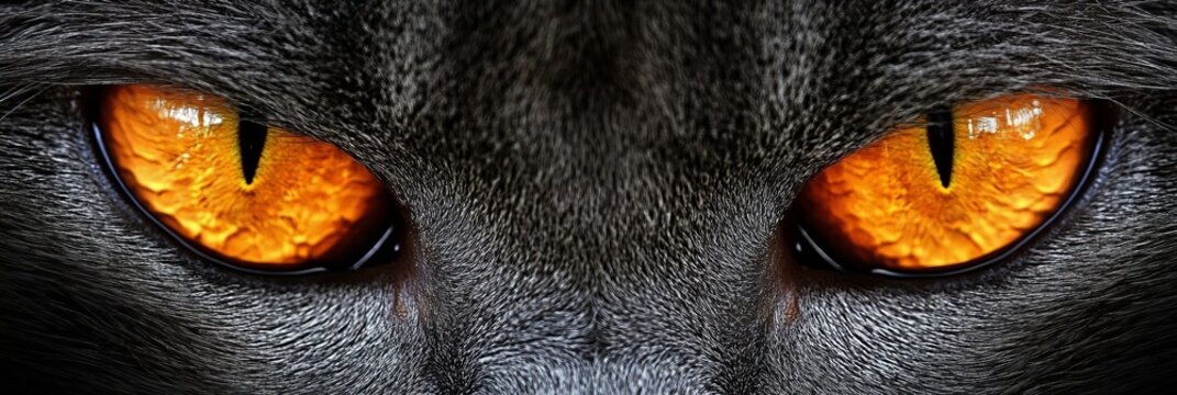 Close up crop of a Russian Blue cat face featuring piercing vibrant orange amber colored eyes.