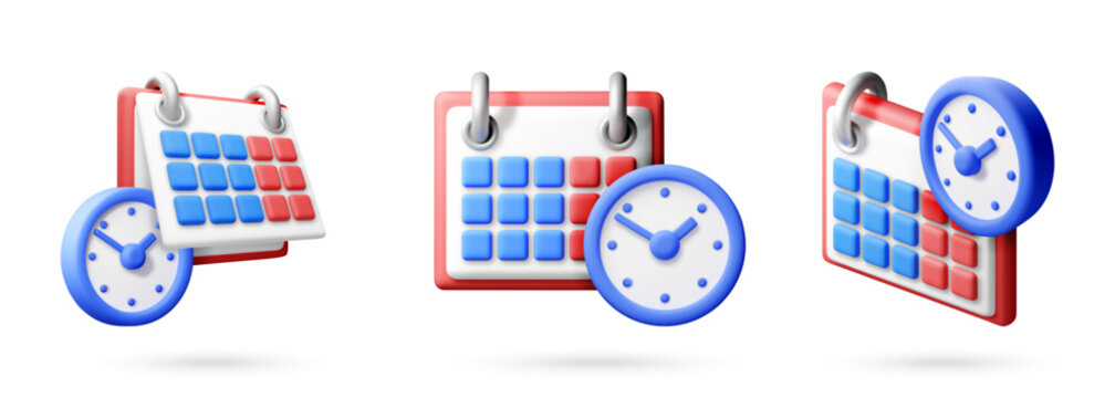 3D vector illustration set of calendar and clock icons. Appointment planning and time management concept. Symbols for business organization, meeting schedule and deadline tracking technology.