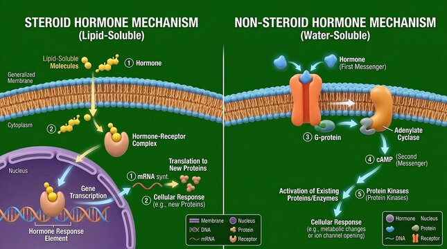 Infographic showing steroid and nonsteroid hormone mechanisms in biology