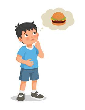 Little boy feeling hungry thinking of eating burger
