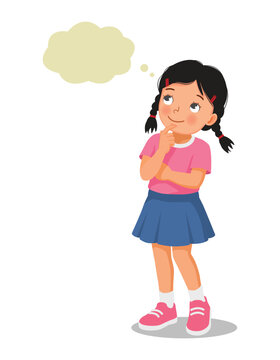 Little girl daydreaming thinking about something looking up