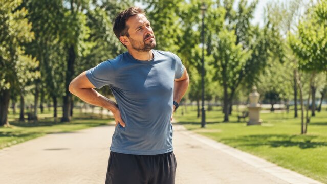 A man stands on a park pathway, grimacing while holding his lower back, representing the experience of chronic back pain during a normal daily activity