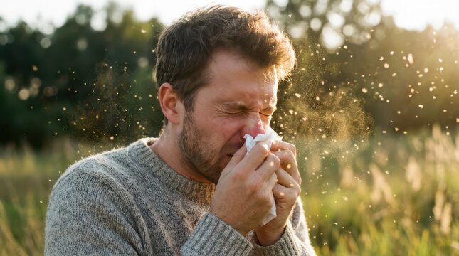 Man blowing his nose outdoors surrounded by pollen particles in golden light for seasonal allergy health article banner and awareness