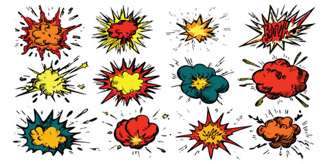 Set of colorful comic book explosion speech bubbles and sound effect shapes in pop art style © vintage style