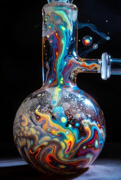 Alambicco in vetro con vortice di colori liquidi psichedelici, bolle e fumo