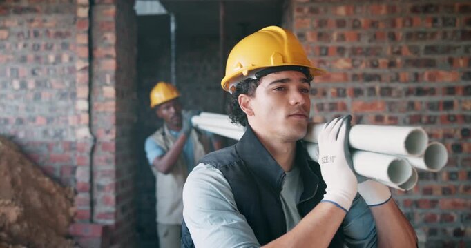 Carry, construction and team with pipes on site for plumbing, residential project or development. Builder, men or plastic tubes for property expansion, irrigation system or water supply in renovation