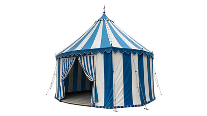 Blue and white striped circus tent marquee isolated on transparent background cut out © Ivan