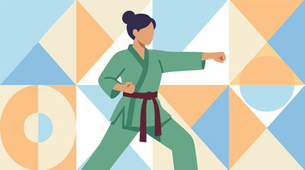 Female martial artist in karate gi practicing punch, abstract geometric background © Pixelaraf
