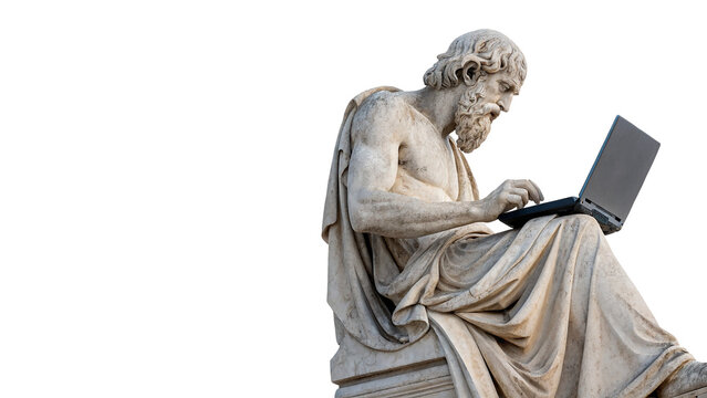White marble sculpture bust of Socrates using a modern laptop isolated on transparent background cut out