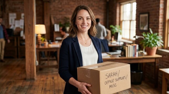 A woman holds a box marked with her name and office supplies, looking prepared for her upcoming career transition in a professional setting