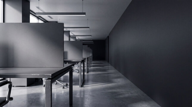 A minimalist black and white photograph of an empty corporate office featuring modern cubicle desks lined up against a dark wall