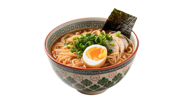 Ceramic bowl of hot delicious Japanese ramen noodle soup isolated on transparent background cut out