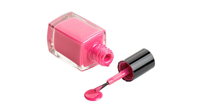 Bright pink nail polish bottle with an open applicator brush isolated on transparent background cut out