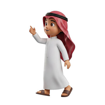 Cartoon boy in traditional Saudi attire pointing upwards