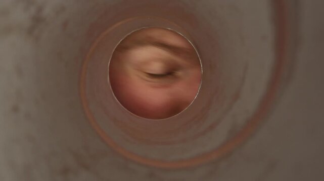 View from inside snack container as person peers inside hoping to find more potato chips illustrating craving compulsive snacking and unhealthy eating habits