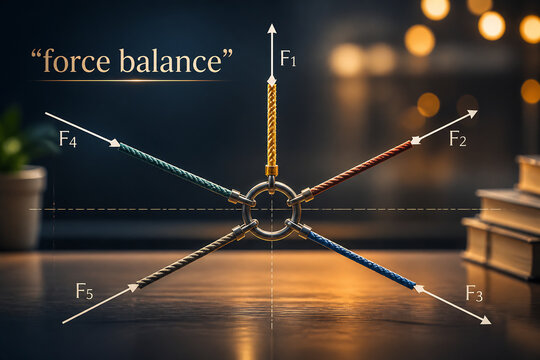 Ropes connected at a central point illustrate the concept of force balance on a wooden surface.