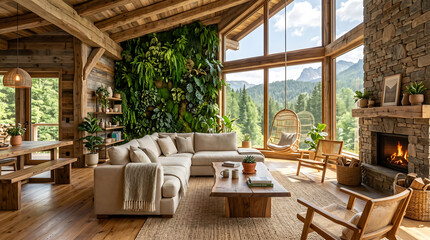Fototapeta premium Cozy cabin living room with stone fireplace and forest view.