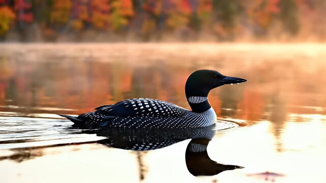 A loon swims in calm water with autumn trees in the background at sunrise