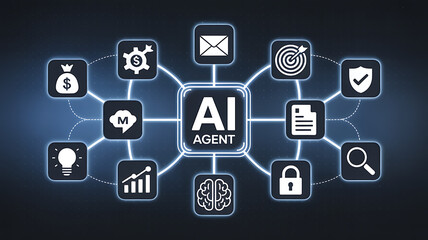 Fototapeta premium Ai agent network diagram with various artificial intelligence symbols technology