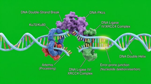 Dna doublestrand break repair process with labeled components on green background