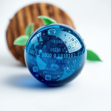 Blue sphere displays binary code. Background shows wooden texture, green leaves. Digital world concept, technology illustration.