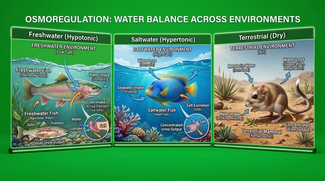 Osmoregulation water balance across different environments with fish and animals