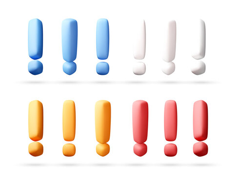 Collection of 3d exclamation mark icons in different colors. Set of glossy punctuation symbols for alerts, notification, and warning messages. Interactive digital UI design elements.
