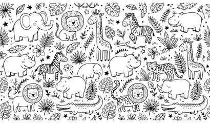Cartoon Safari Jungle Animals Doodle Seamless Pattern Vector © Md