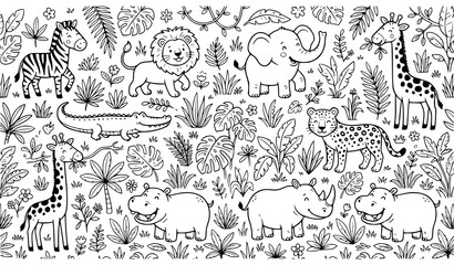 Obraz premium Safari Animals Seamless Pattern Vector with Zebra Lion Elephant and Giraffe Doodles