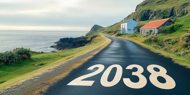 Road Heading Towards 2038 Symbolism Featuring a Scenic Coastal Landscape and Tranquil Atmosphere