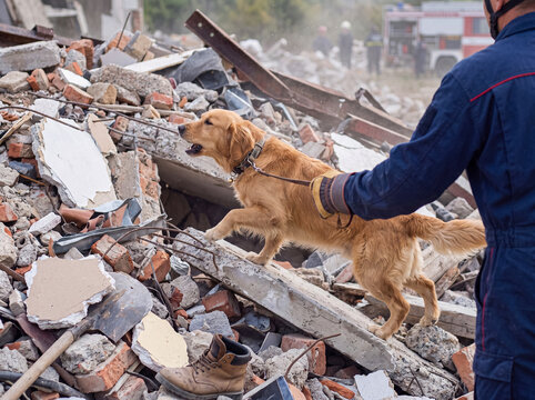 Rescuer and courageous Golden Retriever search and rescue dog navigating through extensive disaster rubble.