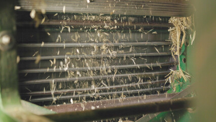 Close-up of hay processing inside green farm machinery © Marek