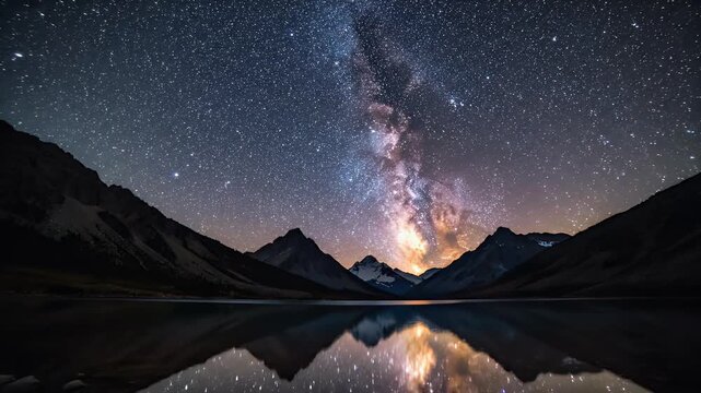 Milky Way arches over mountains reflecting in still lake under a starry sky