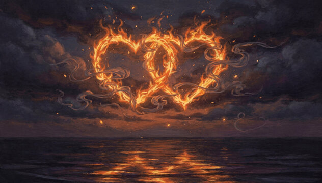 A Fiery Heart Burning Above a Dark Ocean with Dramatic Smoke and Glowing Reflections