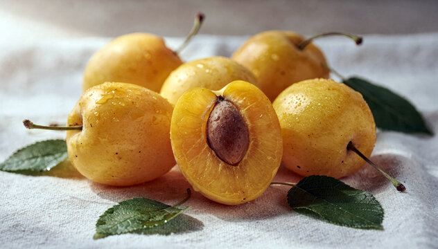 Fresh yellow mirabelle plums with leaves and a halved fruit revealing the stone